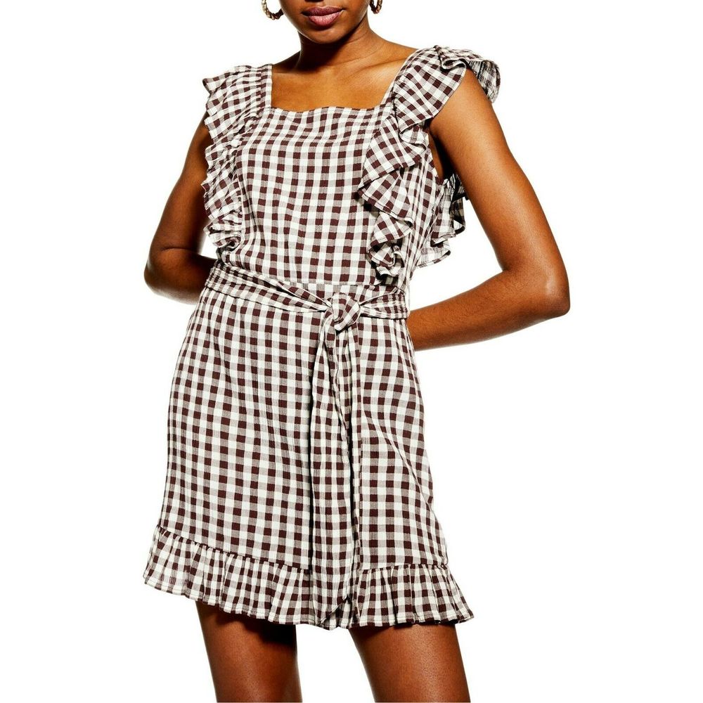 TOPSHOP US Brown Gingham Ruffle Mini Dress Ruffle - Picture 2 of 6